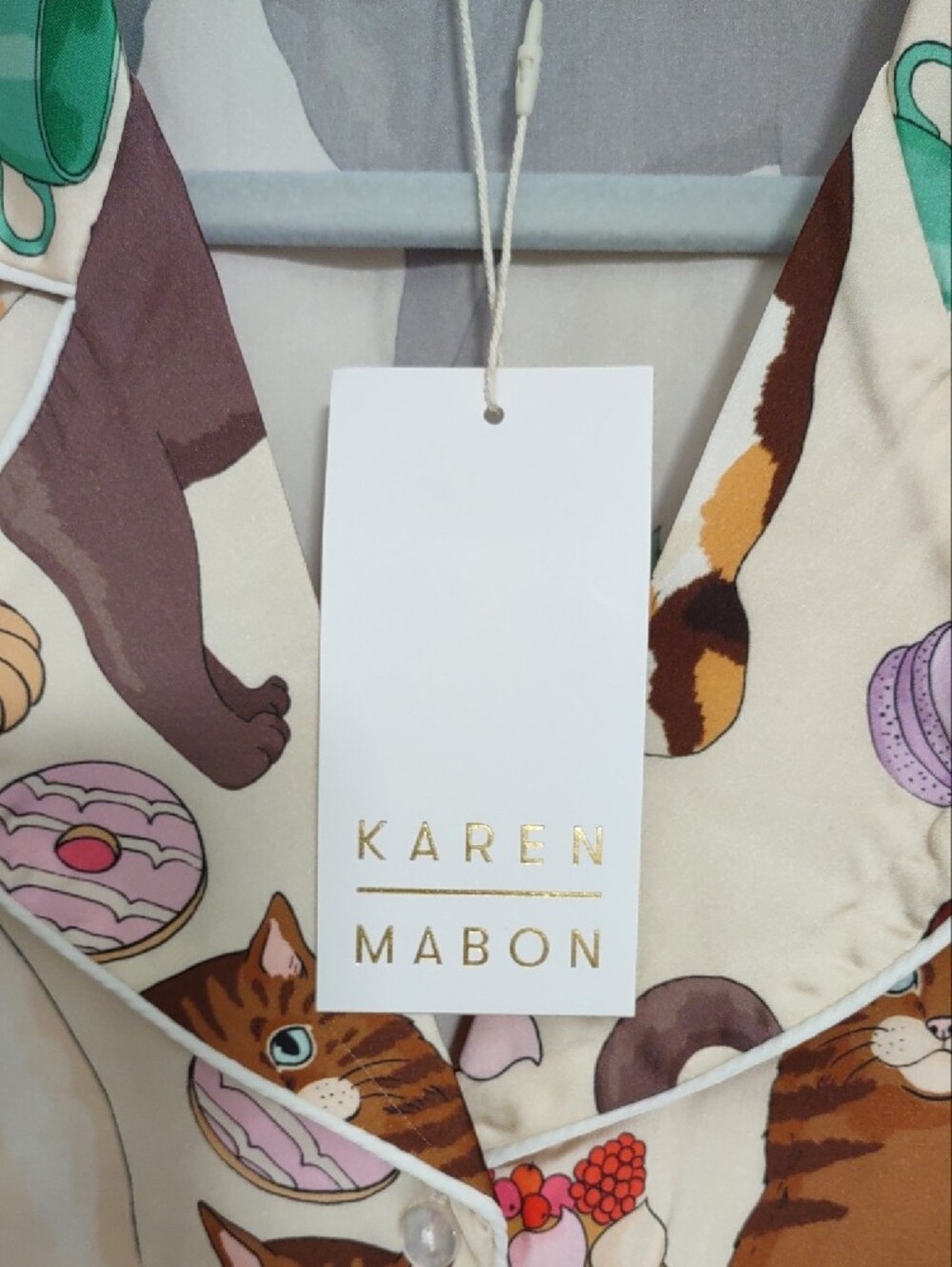 NWTS Karen Mabon Cat Café Satin Long Pajama Set Ivory Size XL - Picture 2 of 11